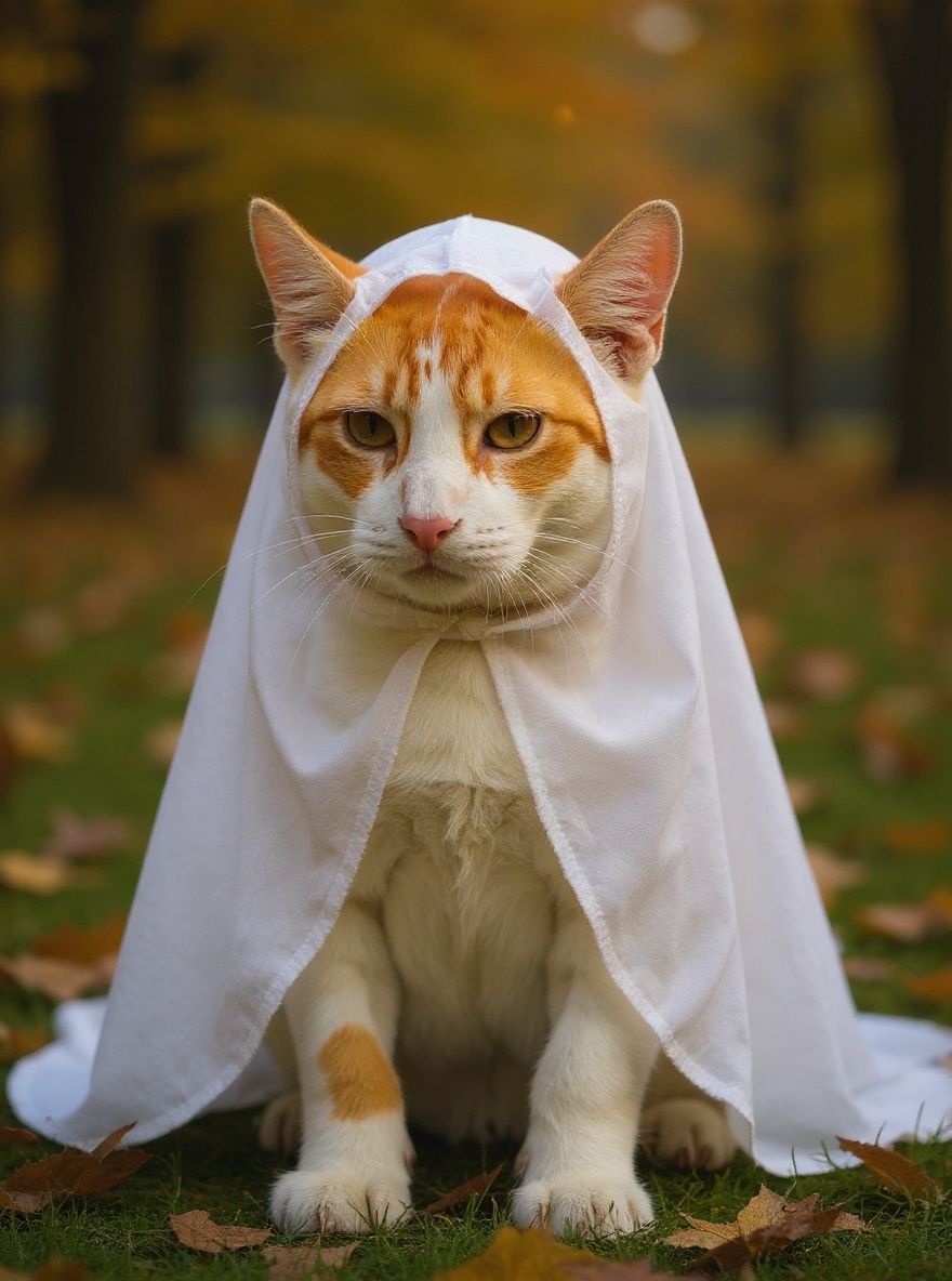 AI Halloween pet portrait: the same orange-and-white cat as a ghost