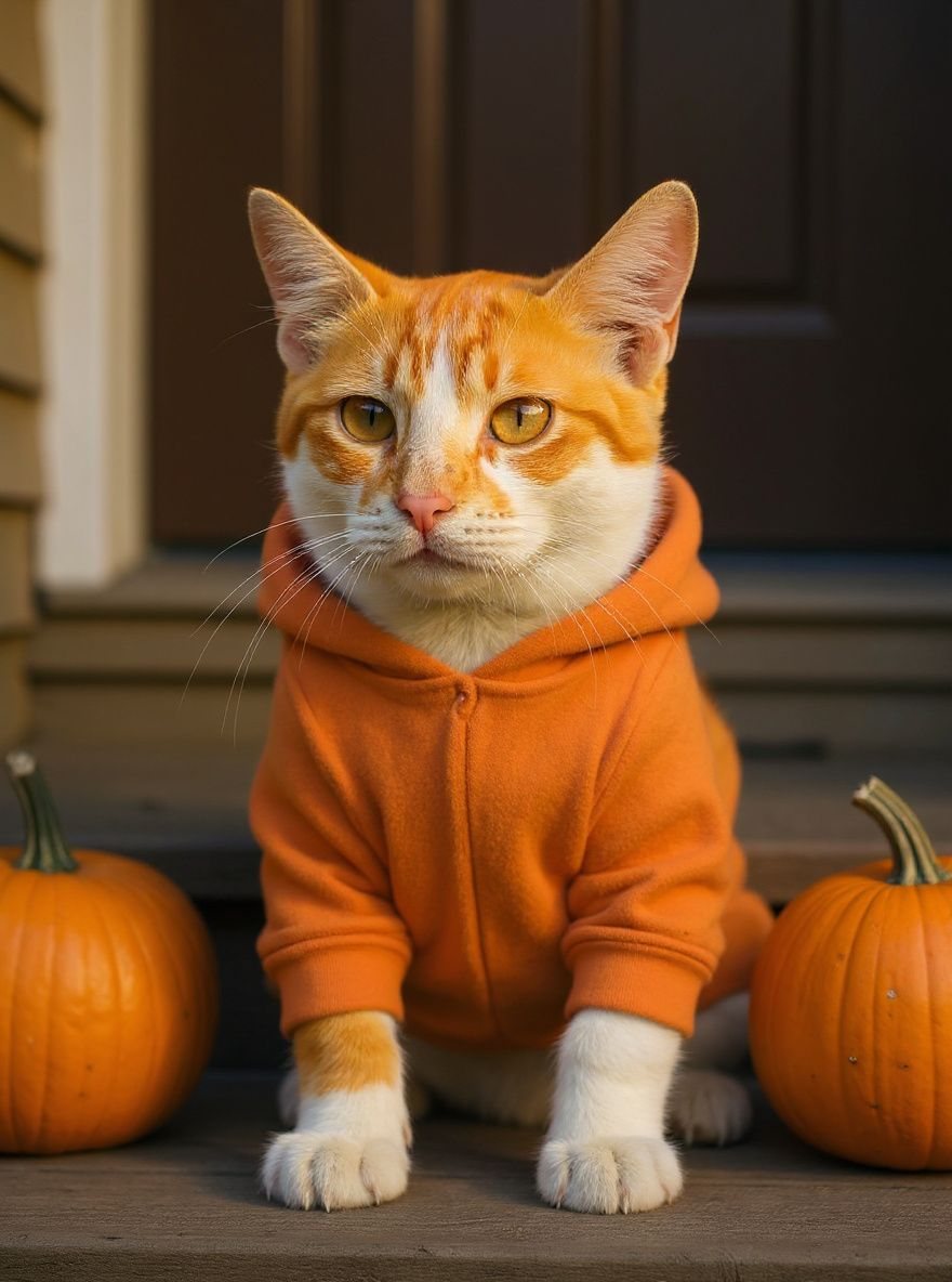AI Halloween pet portrait: orange-and-white cat dressed as a pumpkin