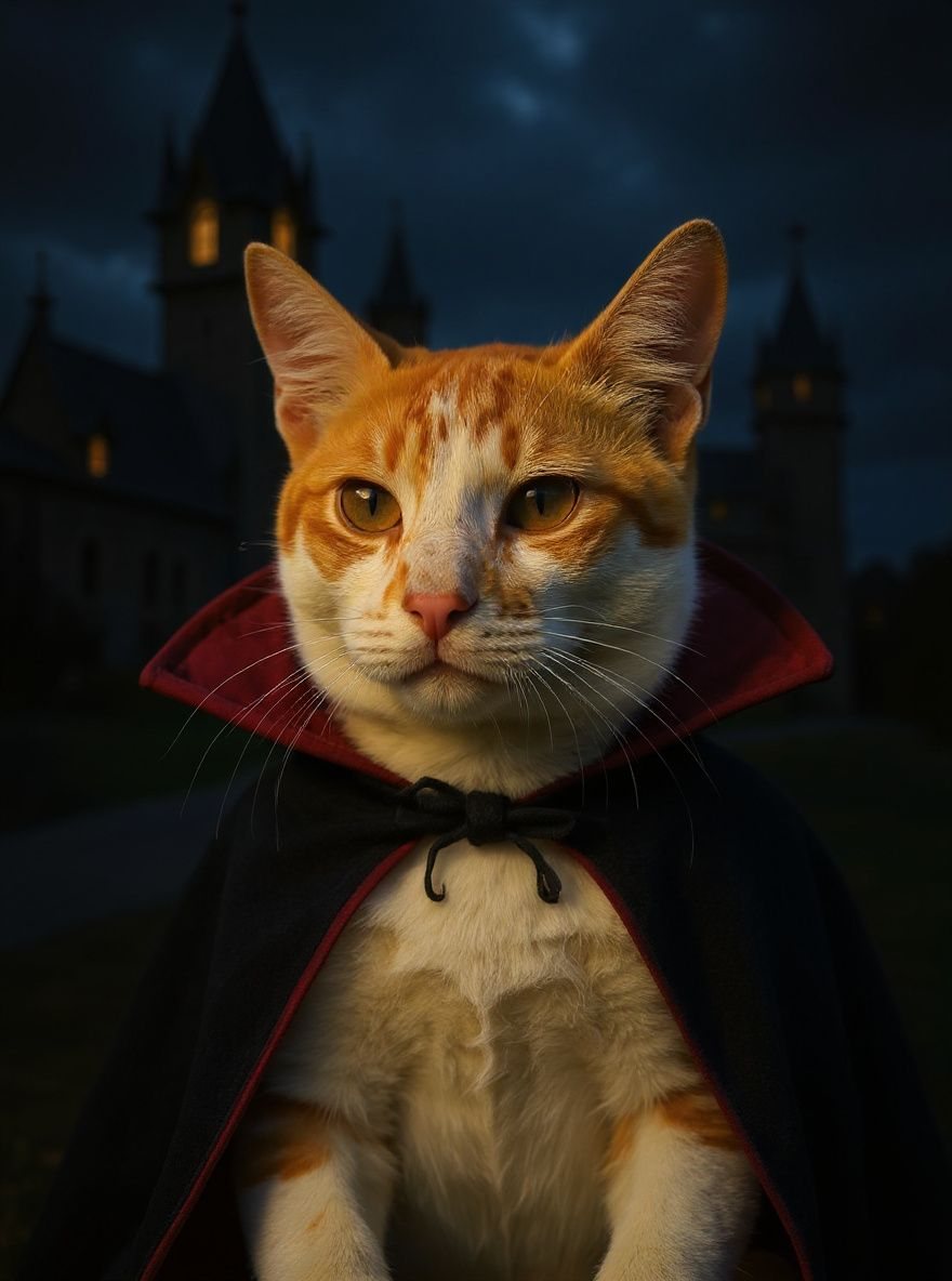 AI Halloween pet portrait: the same orange-and-white cat as a vampire