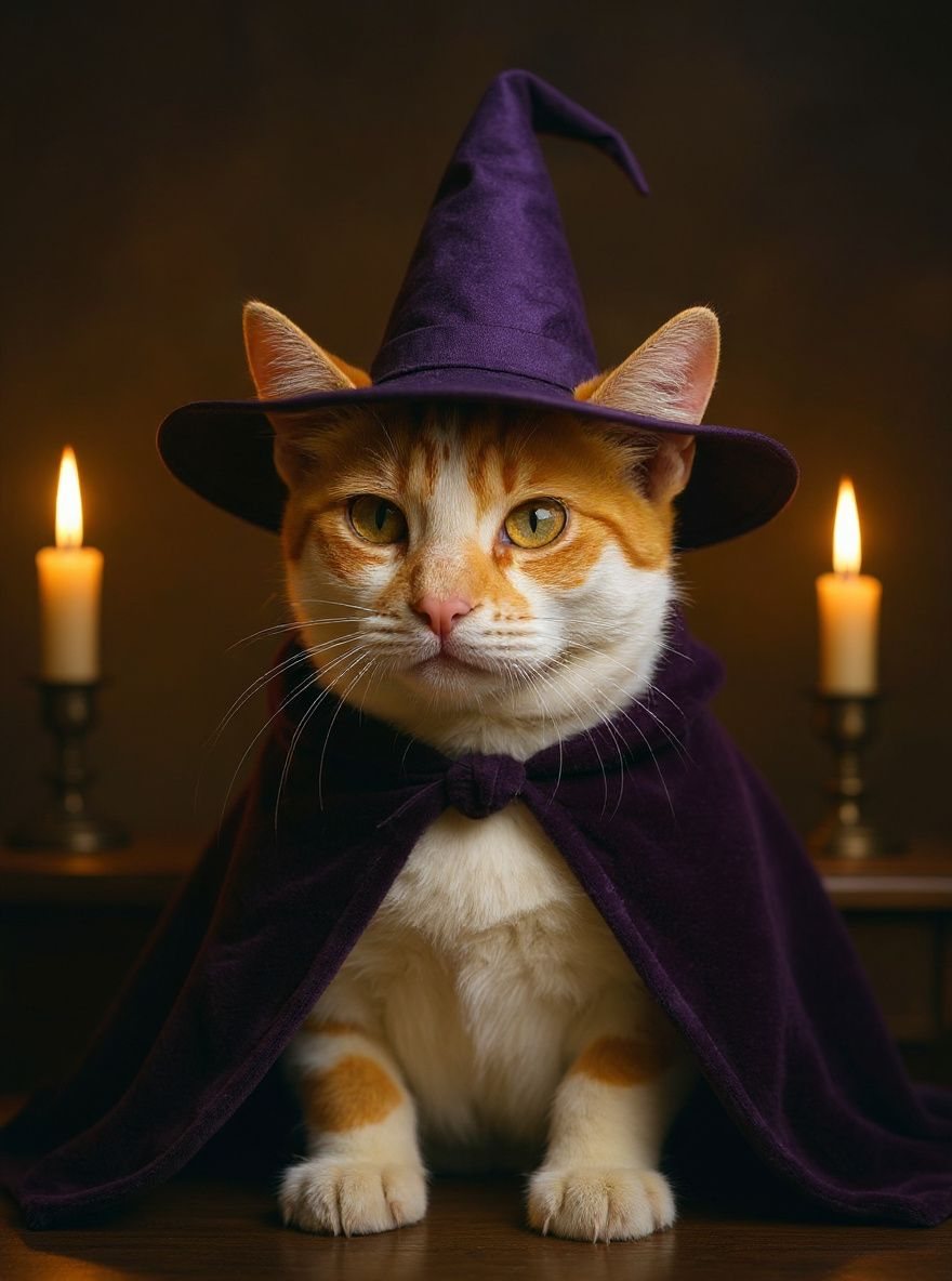 AI Halloween pet portrait: the same orange-and-white cat as a witch