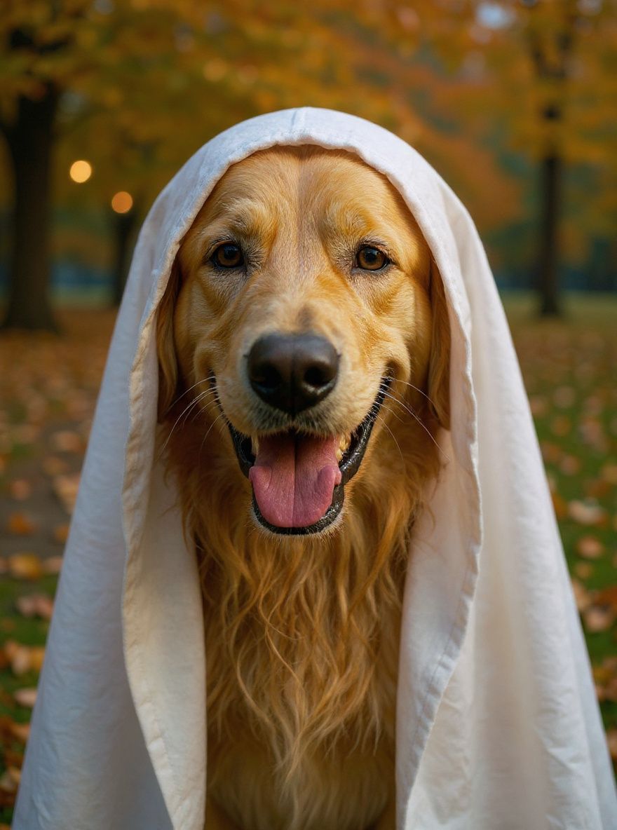 Golden retriever in a ghost costume
