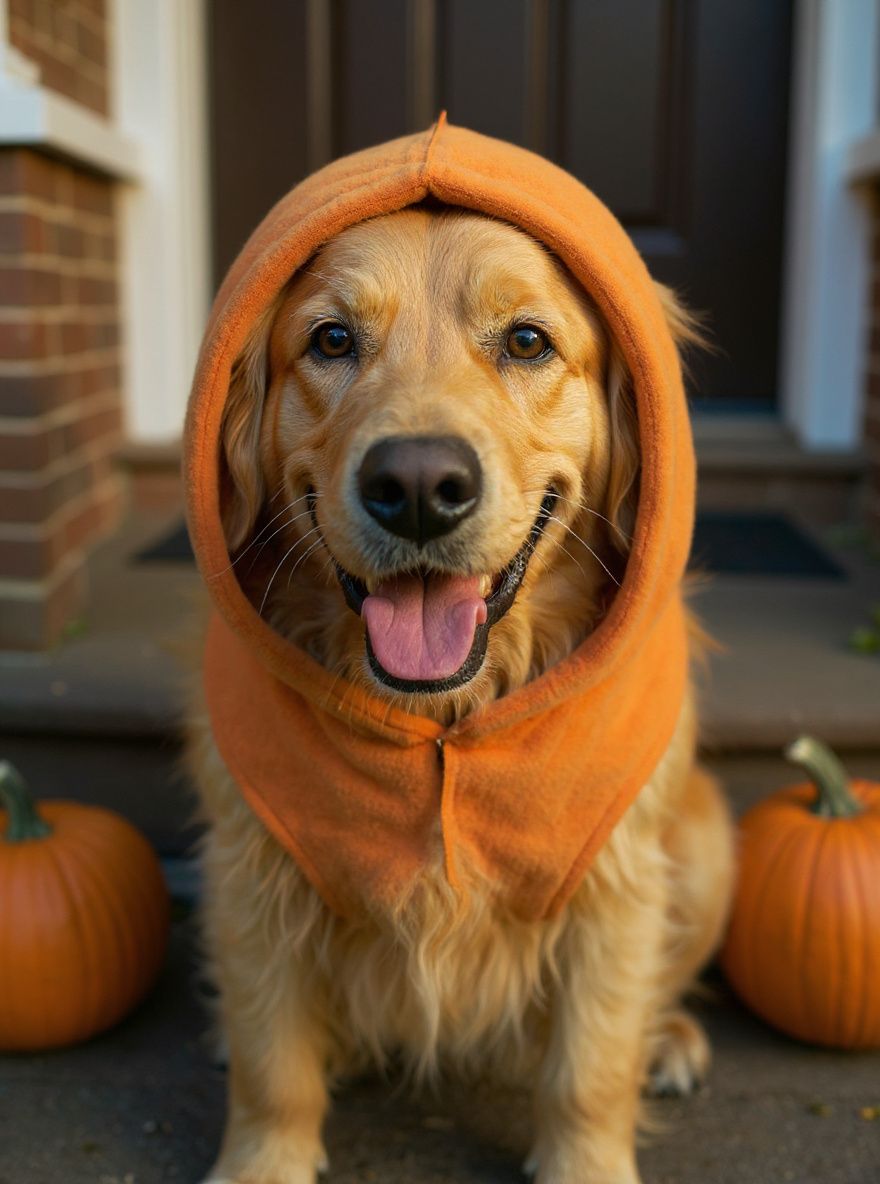 AI portrait of a golden retriever in a pumpkin costume