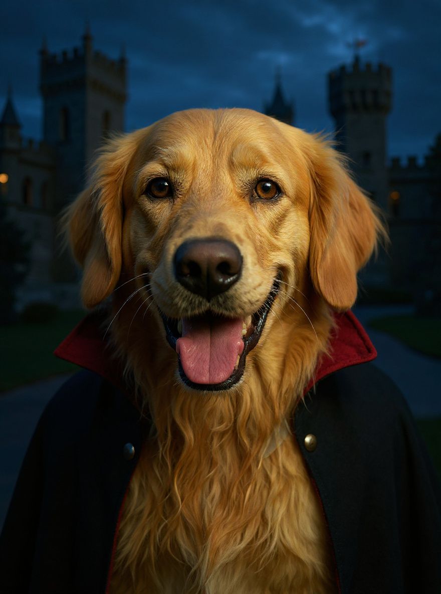 Golden retriever in a vampire cape