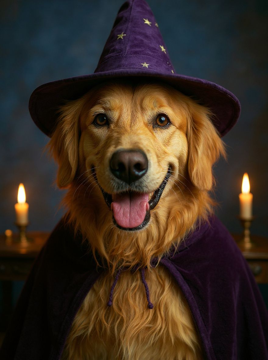 Golden retriever in a witch costume